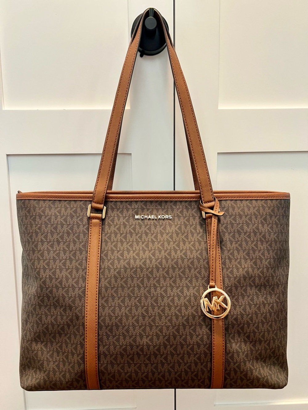 Michael Kors Large Jet Set Tote Brown MK Logo Shoulder Bag